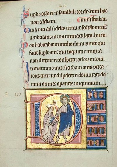 c. 116v, iniziale figurata D (Domine), La Chiesa e Cristo