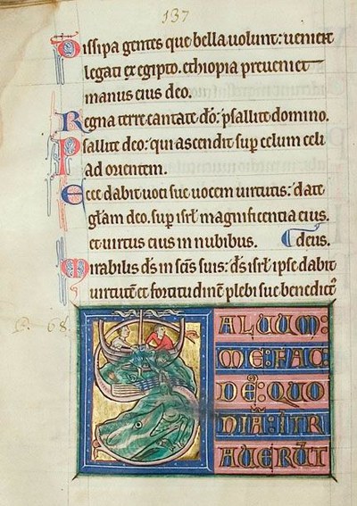 c. 79v, iniziale figurata S (Salvum), Giona buttato al mostro marino