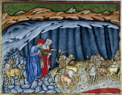 c. 12r, Dante e Virgilio, lasciati dal Minotauro, incontrano i Centauri