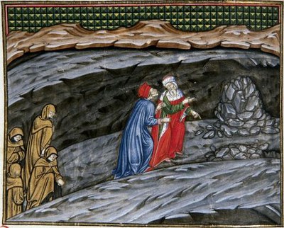 c. 17v, Dante e Virgilio lasciano i frati Gaudenti e si appressano al ponte crollato