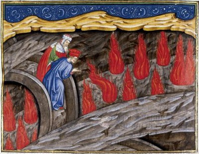 c. 21v, Dante e Virgilio si rivolgono alle fiamme dell'ottava bolgia