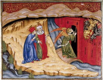 c. 8v, Dante e Virgilio guardano il messo celeste che apre la soglia di Dite